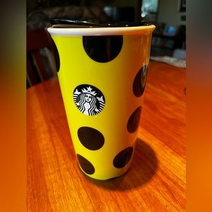 Rare!STARBUCKS CERAMIC DOUBLE WALL TRAVELER YELLOW POLKA DOTS w/ceramic lid